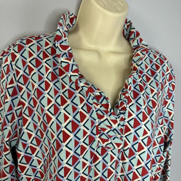 J. McLaughlin Durham Ruffle 3/4 Sleeve Top Catalina Cloth Gro Print Women's XL - Picture 2 of 8